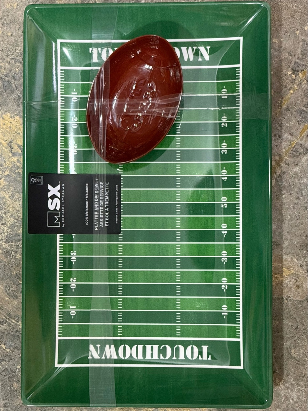 MSX  2 Piece Set Football Theme 100% Melamine Serving Platter & Dip Bowl -NWT